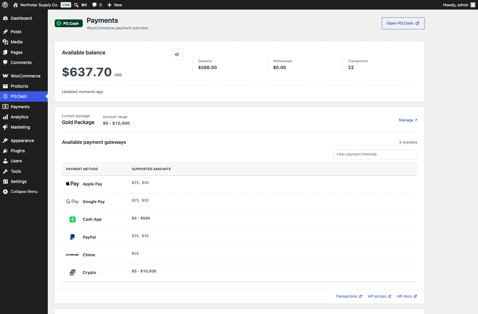PD Cash plugin dashboard inside WordPress showing connected account and payment methods
